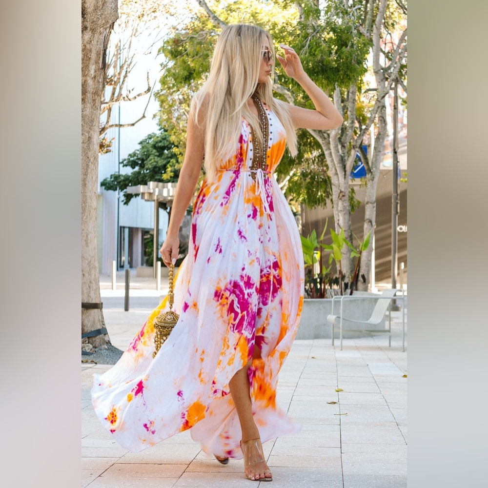 Shahida Parides white tie dye beaded 3 way convertible one shoulder maxi dress